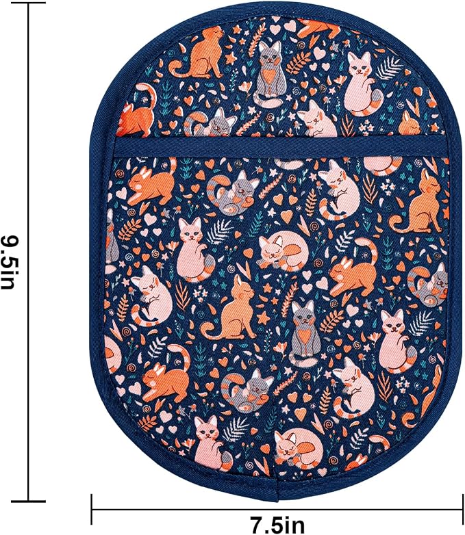 Pot Holders with Transparent Clear Silicone Shell and Nice Cat Flower | Potholders Cotton Lining Set of 2, Heat Resistant to 500 F Kitchen Oven Gloves for Cooking (Navy Cat, Potholders)