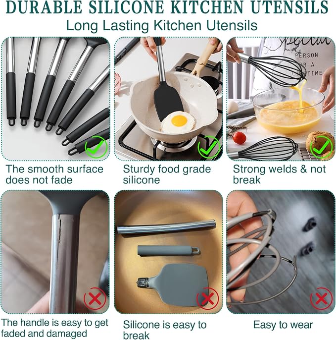Silicone Cooking Utensil Set, Umite Chef 15pcs Silicone Cooking Kitchen Utensils Set, Non-stick - Best Kitchen Cookware with Stainless Steel Handle - Black Kitchen Utensils