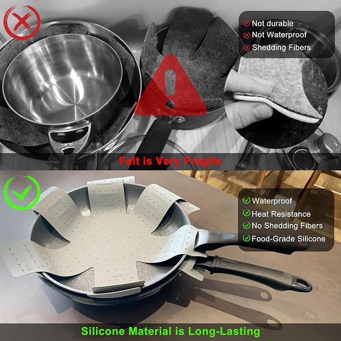 Silicone Pot Protectors - Pan Protectors for Stacking 3 Piece Grey | silicone cookware protector pad liners; stacking pan protector with opening/fixing design to separators pot and pans divider