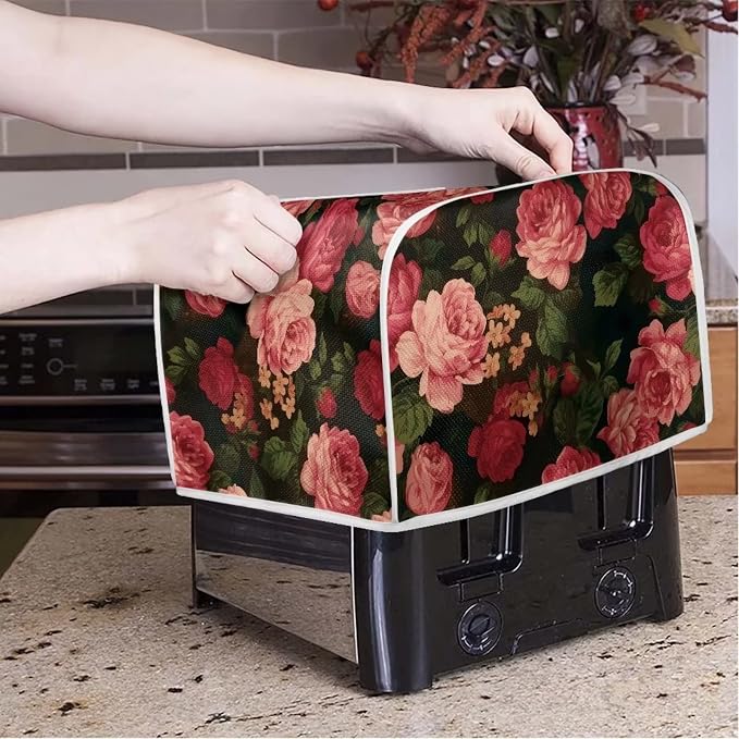 Flower Peony Toaster Cover - 2 Slide Wide Slot Small Appliance Decoration Accessory, Dustproof Bakeware Cover, Red