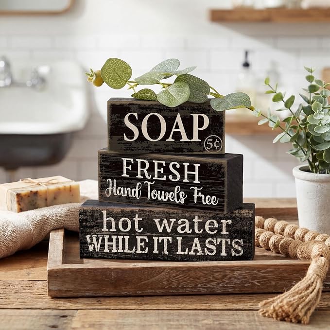 Lineshading 4 Pcs Wooden Bathroom Block Signs, Farmhouse Shelf Decor | Stackable Tiered Tray Pieces with Vintage Sayings, Rustic Bathroom Shelf Accents, Distressed Black Wood Tabletop Display