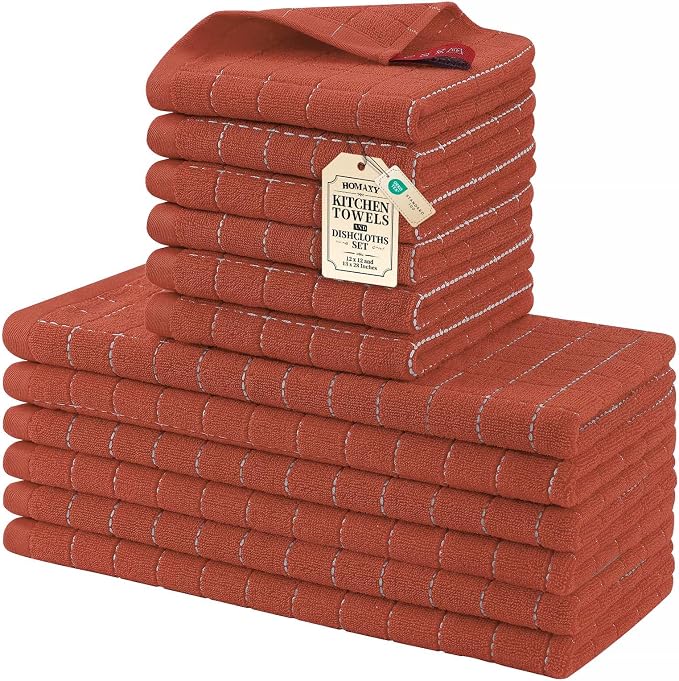 Homaxy Kitchen Towels and Dishcloths Set, Set of 12, Rust | Bulk Cotton Terry Kitchen Towels, Checkered Designed, Soft and Super Absorbent Dish Towels, 12 x 12 and 13 x 28 Inches