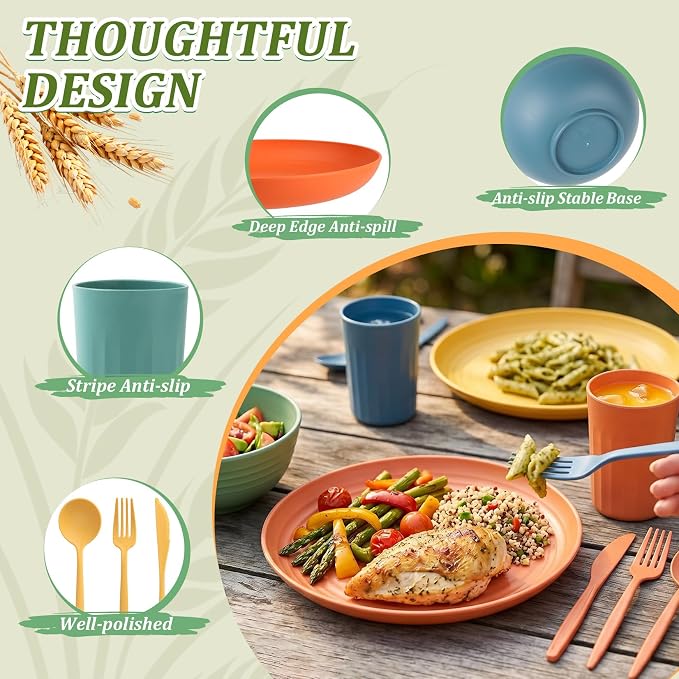 PYRMONT Wheat Straw Dinnerware Sets Unbreakable Dish Set for 4 Dishwasher & Microwave Safe Plates and Bowls Sets 28 PCS Alternative Plastic Dishes Set for Camping,Picnic,BBQ-Colorful