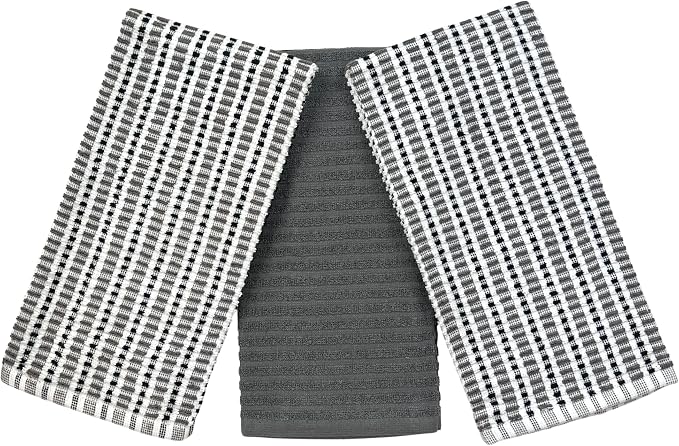Thanksgiving Kitchen Towels- Set of 3 100% Cotton Solid Dark Gray and Checkerboard Grid Pattern Design- 28 x 18 Multipurpose Towels for Everyday Use