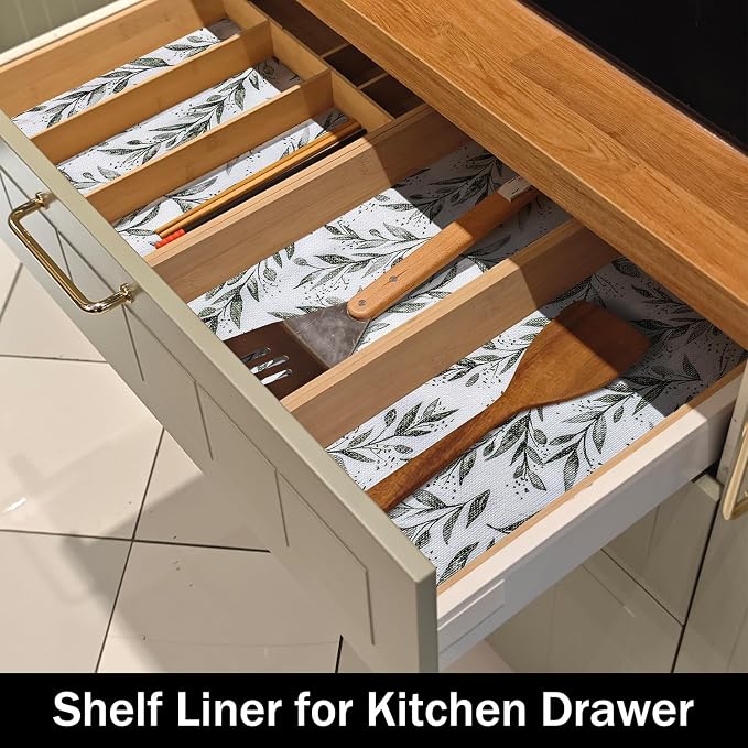 Shelf Liners Non Adhesive and Strong Non-Slip 16IN x 10FT | Shelf and Drawer Liners for Kitchen Cabinet Wire Fridge, Waterproof Shelf Drawer Liner,Easy to Clean,Green Leaf