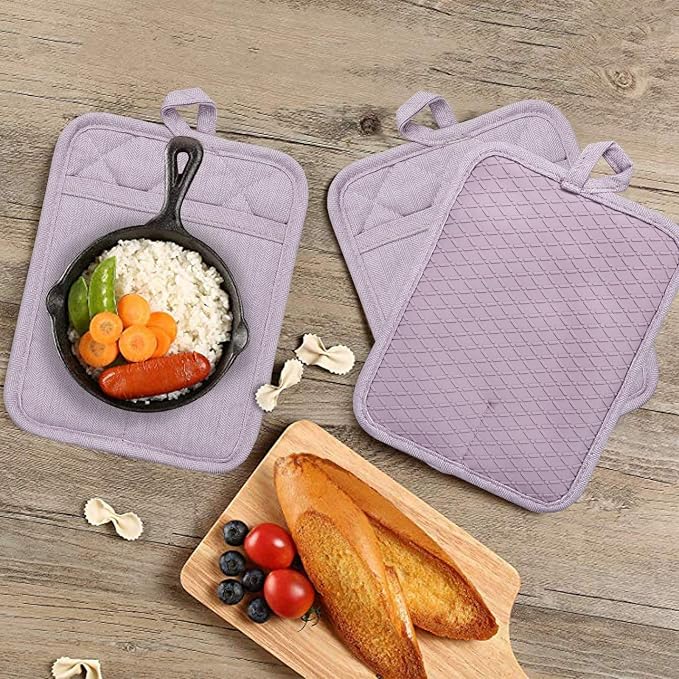 Pot Holders Yarn-Dyed Set of 3 Non Slip Silicone Kitchen Lines | Heat Resistant 500℉ Kitchen Gloves BBQ Baking Women Men Cooking Barbecue Microwave Machine Washable (Purple Potholders)