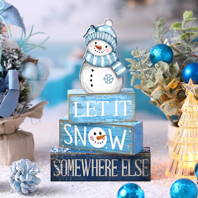 Lineshading 4 Pcs Wooden Snowman Tiered Tray Decor Block Signs Winter | Farmhouse Stacked Blocks, Let It Snow Somewhere Else Quote, Rustic Winter Seasonal Display for Shelves Mantels Tabletops