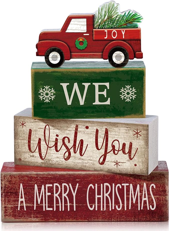 Lineshading 4 Pcs Wooden Red Truck Christmas Decor Block Signs | Farmhouse Tiered Tray Decor, Rustic Indoor Tabletop Centerpiece, Vintage Wooden Block Signs, Merry Christmas Truck Theme