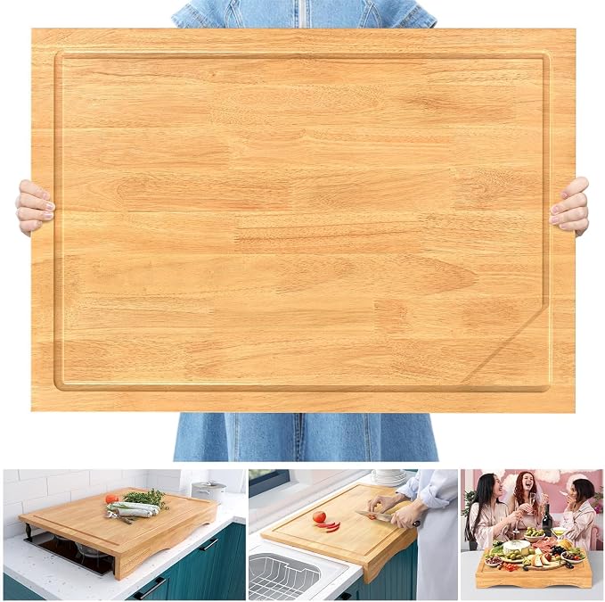 Extra Large Solid Wooden Cutting Board and Stovetop Cover, 3 in 1 Stove Top Cover Chopping Board with Detachable Legs and Juice Groove, Sink Cover Board