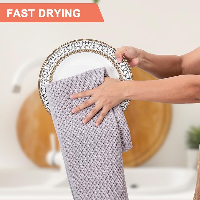 BOOMIBOO 4-Pack Dish Towels,100% Cotton Waffle Weave,13x28 in,Light Grey | Ultra Soft Absorbent, Quick Drying