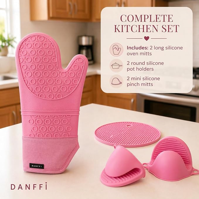 Silicone Oven Mitts and Pot Holders 6 Piece Set, Heat Resistant 500°F Extra Long Oven Gloves with Cotton Lining, Non-Slip BPA-Free Hot Pads and Pinch Mitts for Baking BBQ Cooking (Pink)
