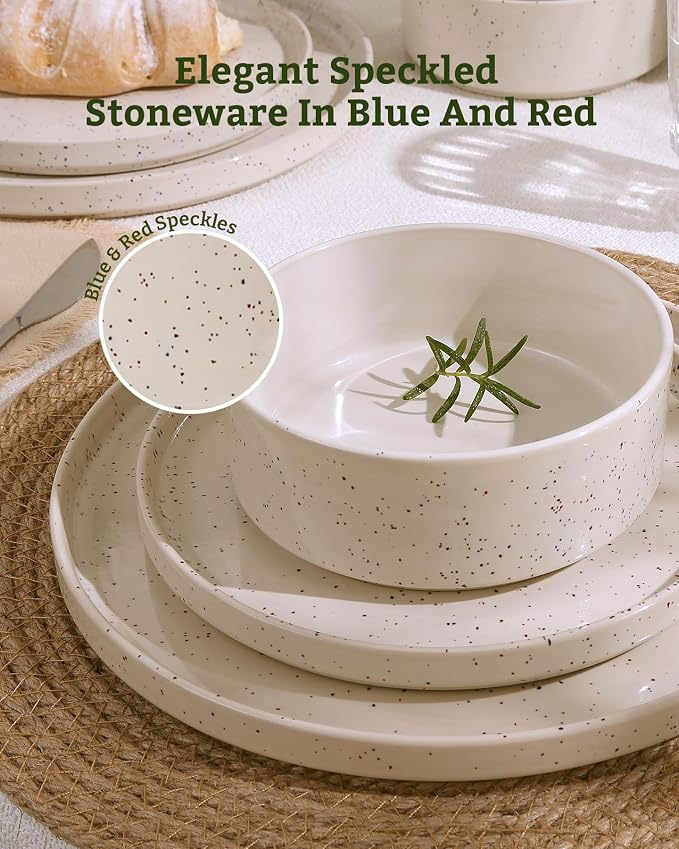 Famiware Nebula 18-Piece Stoneware Dinnerware Set, Creamy White | Plates and Bowls with Reactive Glaze and Colorful Speckles, Chip & Scratch Resistant, Microwave & Dishwasher Safe