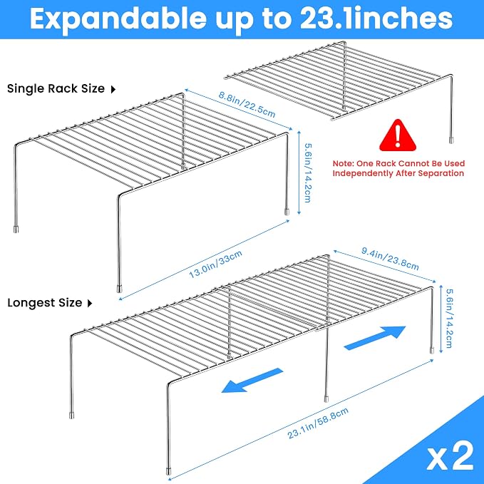 Tomorotec Spice Rack Cabinet Organizer, Expandable Steel, Kitchen, Silver | Stackable Two-Pack Storage Shelves with Anti-Slip Protective Rubber Feet for Pantry or Countertop