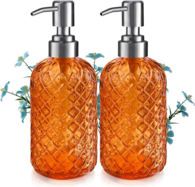 Kaishun Refillable Glass Soap Dispenser (2PC) for Hand Soap & Lotion,Orange