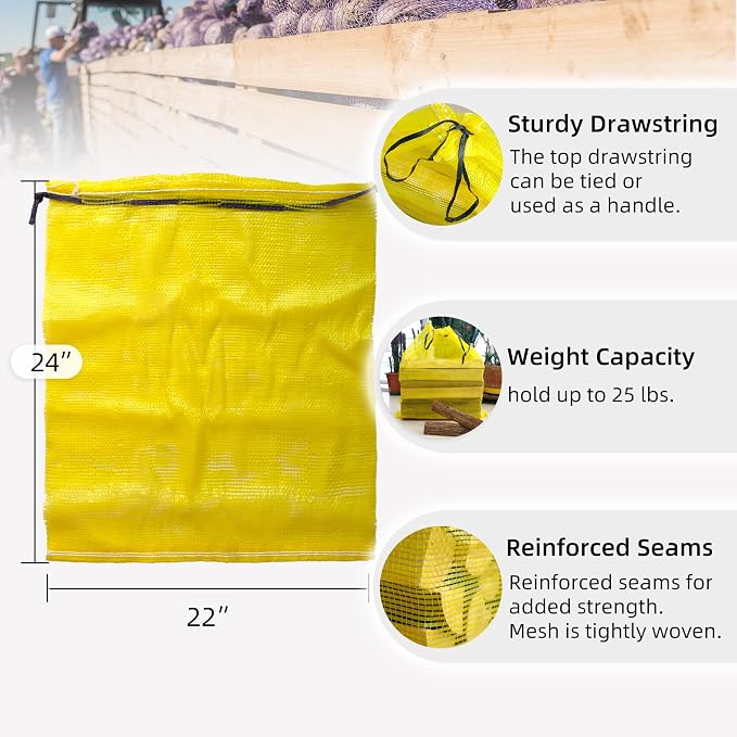Mesh Firewood Bags 22"×24" Crawfish Sacks, Firewood Bags for Selling, Onion Bag Storage Potato Sacks Mesh Wood Bag Bulk, Yellow (Pack of 10)