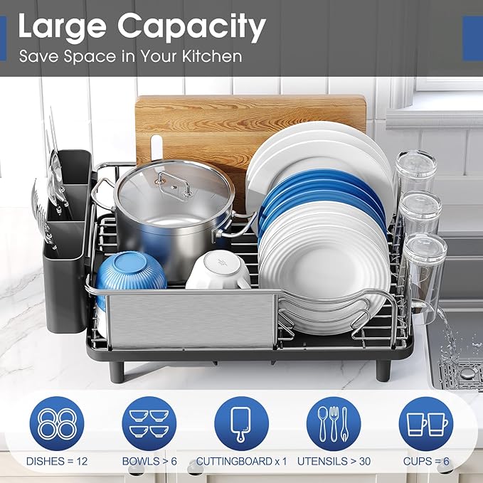 Urackify Stainless Steel Dish Drying Rack for Kitchen Counter, Black | Rustproof Dish Rack with Utensil Holder, 16.9" L x 12.4" W Large Capacity, Auto Drain Dish Drainer for Plate Dish Sliverware