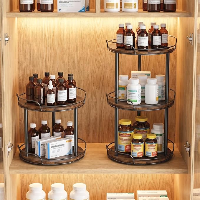 12'' Lazy Susan Turntable Organizer, 3-Tier Rotating Spice Rack | Wooden Lazy Susan, for Cabinet, Table Top, Kitchen Countertop, Pantry, Bathroom, Vanity, Home Decor