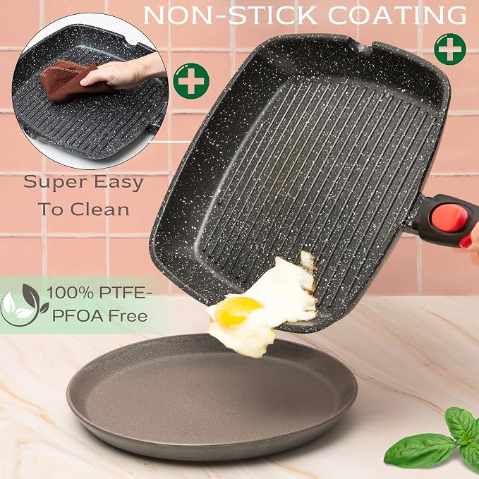 Moss & Stone Grill Pan for Indoor Cooking 11Inch Nonstick Square Grill Pan | RV Induction Griddle Pan with Removable Handle for Gas, Electric & Ceramic Stovetops, Oven Safe Skillet with Pour Spouts