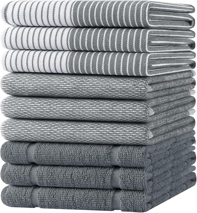 Homaxy 9 Pack Cotton Terry Premium Kitchen Towels, 18 x 28 in, Grey | Large 380 GSM Dish Towels, Highly Absorben Flat & Terry Kitchen Hand Towels, Soft Utility Tea Towel Set with Hanging Loop