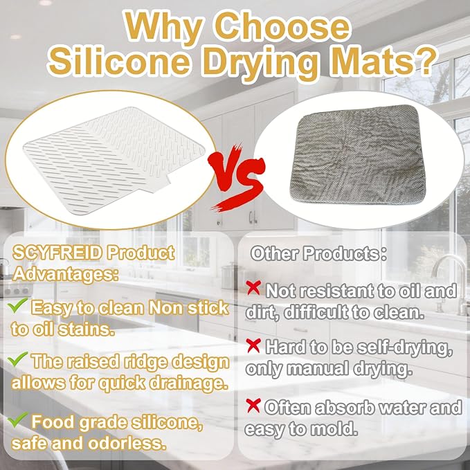 Silicone Dish Drying Mat for Kitchen Counter, 23" x 17" White-1pcs | Heat Resistant & Non-Slip Dish Drain Pad with Built-In Drain, Quick-Dry, Hangable & Roll-Up for Storage，Multi-Functional Use