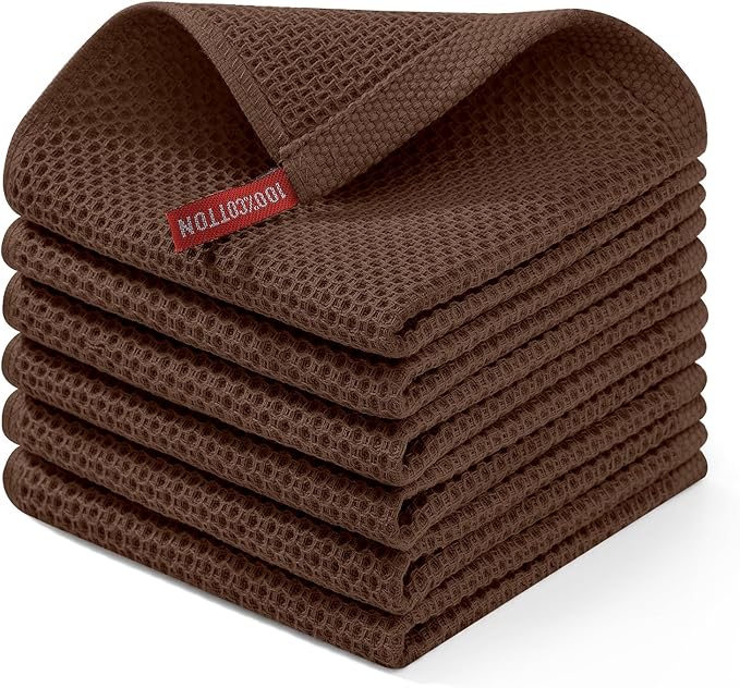 Homaxy 100% Cotton Waffle Weave Kitchen Dish Cloths 6-Pack, Coffee | 12 x 12 Inches, Ultra Soft Absorbent Dish Towels, Quick Drying Dish Rags with Hanging Loop