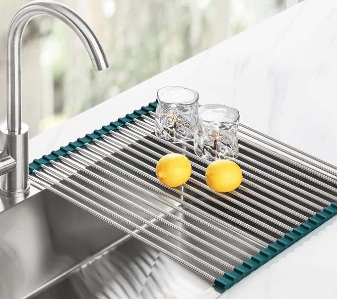 Tomorotec Roll Up Dish Drying Rack Over Sink,304 Steel,17.7x15.5,DarkGreen | Anti-Slip Silicone Rims For Grip, Heat-Resistant Trivet Mat Holding Heavy Cookware, Rustproof Kitchen Counter Space Saver