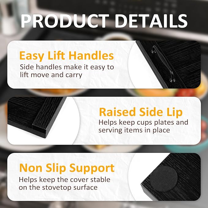 Noodle Board Stove Cover with Handles, 29.5 x 22 Inch, Black | Engineered Wood Cover for Electric and Gas Stove Tops, Raised Edge Serving Tray for Extra Counter Space