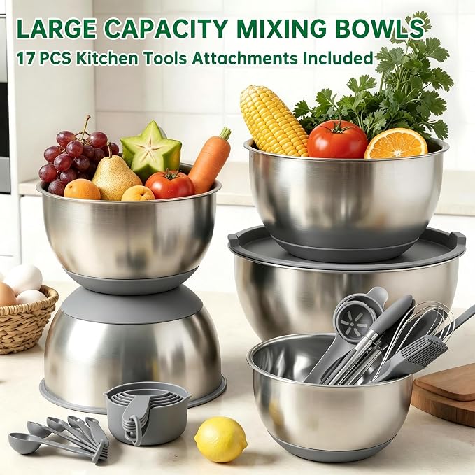 Deedro Mixing Bowls with Airtight Lids, 22Pcs Stainless Steel Mixing Bowls Set Nesting Bowls with Non-Slip Silicone Base, thicker Metal Bowls for Baking & Prepping, 1.5/2/3/4/5 QT, Gray