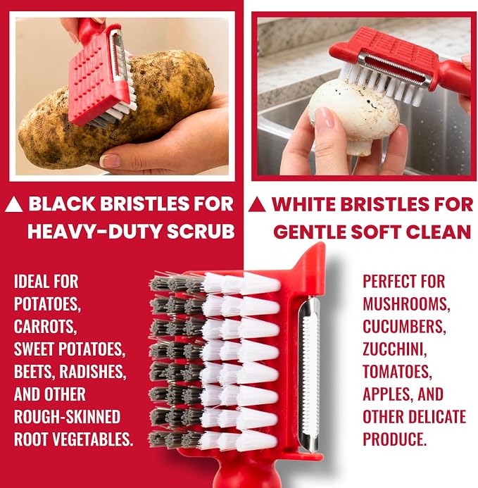2 Pack Vegetable Brush & Potato Scrubber with Built-in Peeler | Scrub, Peel & Remove Potato Eyes with One Tool, Dual Bristles, Comfortable Grip, 2-Pack Value