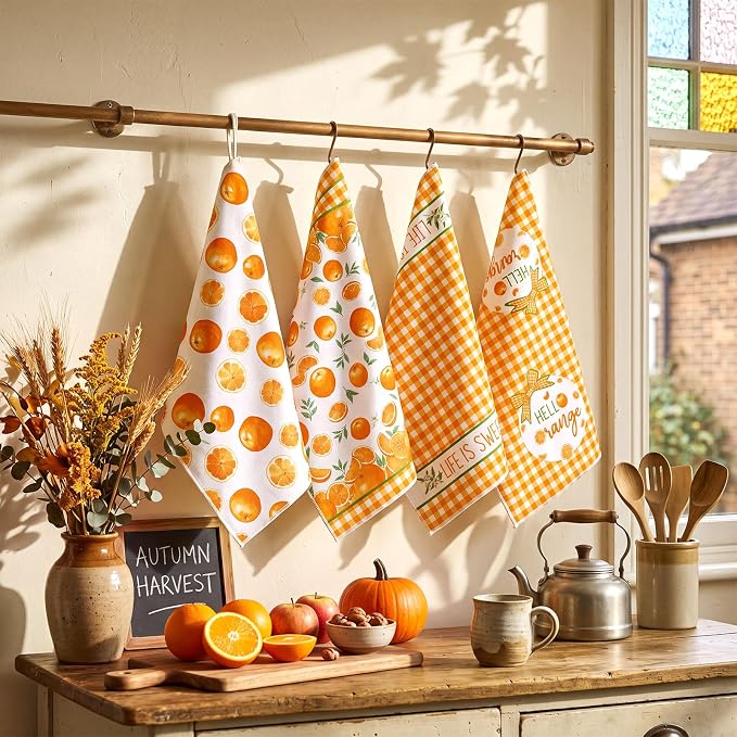 4 Pcs Orange Kitchen Towels, Citrus Grid Hand Dish Towels | Absorbent Fast Drying Dishcloth Housewarming Gift for Cooking Kitchen Decor Bathroom Home Party
