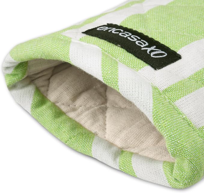 Encasa XO Oven Mitts, Heat Resistant Kitchen Gloves, Microwave | Franca Lime Stripes, 100% Cotton | Diamond Quilted Insulation | Pot Holders | Hanging Loop | Barbecue & Grill | Set of 2