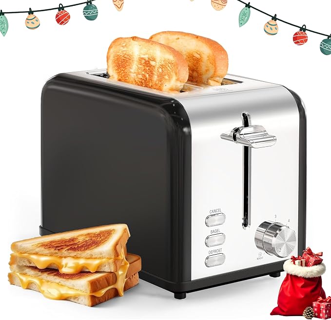 Simple Deluxe 2-Slice Toaster, Stainless Steel Toaster, 6 Browning Setting and 3 Function, Extra Wide Slot & Removable Crumb Tray, for Bread & Waffle, Black