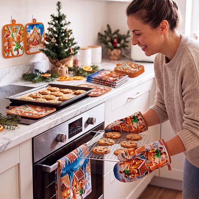 Silifine 12 Pcs Christmas Oven Mitts Pot Holders Kitchen Towels Sets | Gingerbread Man Kitchen Accessories Dish Towels Potholders Resistant Glove for Cooking Baking Home Housewarming Gift