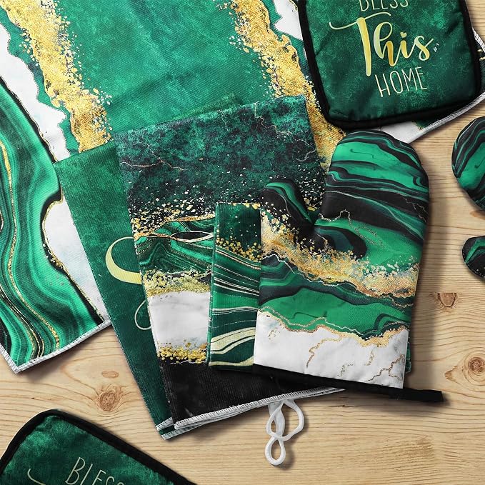 Leinuosen 8 Pcs Green and Gold Marble Kitchen Towels and Dishcloths Sets Oven Mitts and Pot Holders Absorbent Kitchen Gloves Potholders Heat Resistant for Chef Baking Cooking