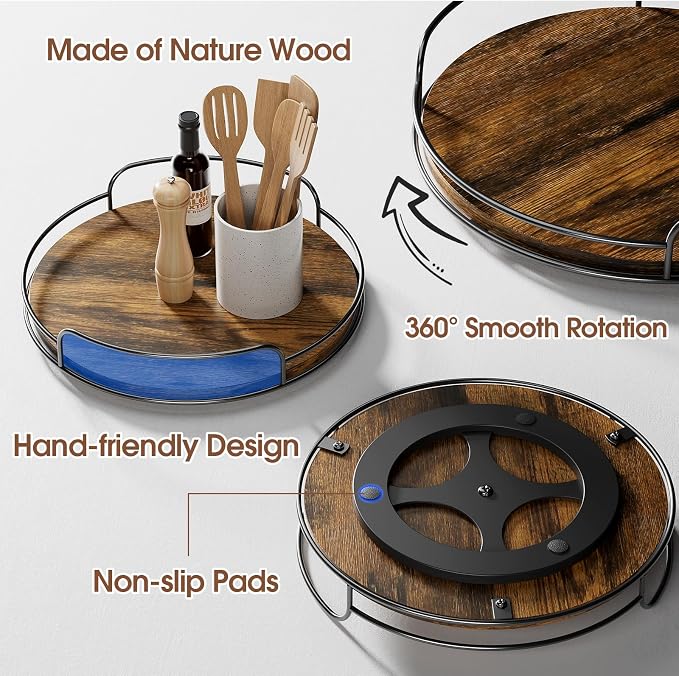 LAMU 2 Pack 9'' 11'' Lazy Susan Turntable Organizer for Table Top Cabinet, Wooden Lazy Susan for Kitchen, Pantry, Countertop, Bathroom Vanity, Spice Organization, Wood Decor