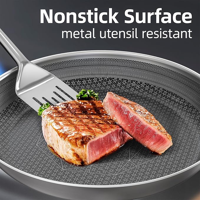 COOKER KING 3pc Hybrid Nonstick Frying Pans Set, 8, 10 & 12" Pans | Stainless Steel Pans,Chef's Pan,Skillets Dishwasher & Oven Safe, Stay-Cool Handles,Induction Compatible – Metal Utensil Safe