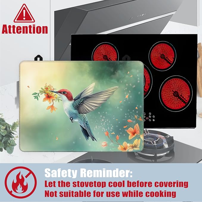Cute Hummingbird Glass Top Stove Cover Protector,Spring Flower Stove Top Covers for Electric Stove,Washable Heat Resistant Cooktop Mat Anti-Slip Range Covers, 28 x 20 Inch