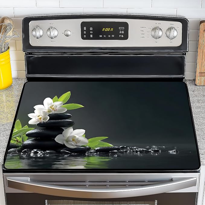 NYZE Stove Top Cover for Electric/Glass Stove, Flat Top Cooktop Protector, Electric Cooktop Cover, Extra Counter Space for Kitchen (White Orchid Stacked Stones)