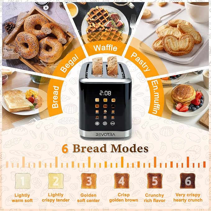 REVOTRA 2 Slice Toaster Stainless Steel with LED Display, Extra Wide Slots | 6 Shade Settings, Defrost/Reheat/Cancel, Removable Crumb Tray, Compact Toaster for Bagels & Waffles