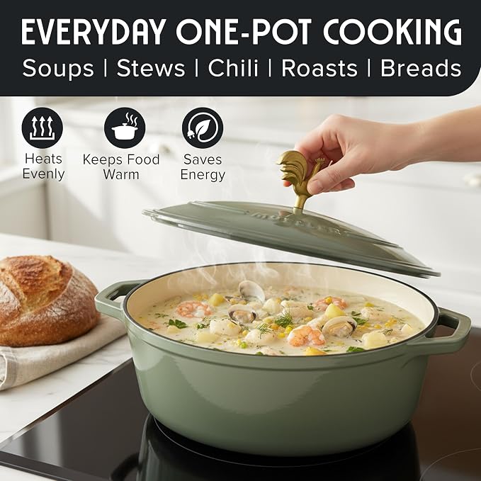 MUELLER HOME 5.5 Quart Enameled Cast Iron Oval Dutch Oven w Rooster Knob & Cotton Potholders, Heavy-Duty Cookware, Oven-Safe up to 500° F & Across All Cooktops, Gifts for Grandma & Women, Thyme Green | w Rooster Knob & Cotton Potholders, Heavy-Duty Coo...