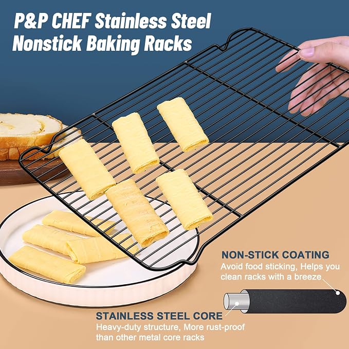 P&P CHEF Cooling Baking Rack Stainless Steel, 16.6" x 11.5", 2 Pcs, Black | Cooling Racks for Cooking Baking Roasting, Dense Wire & Smooth Edge, Easy to Clean, Stainless Steel Core & Nonstick Coastings