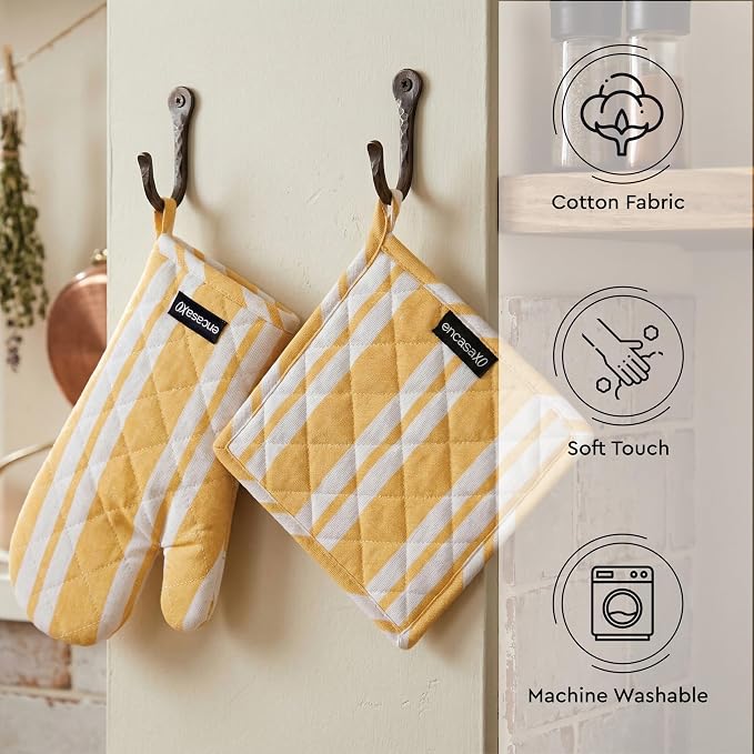Encasa XO Oven Mitts and Pot Holders Set, Heat Resistant Cotton | Franca Yellow Stripes, Diamond Quilted | Non-Slip Grip | Microwave & Oven Safe | Hanging Loop | Machine Washable | Set of 2