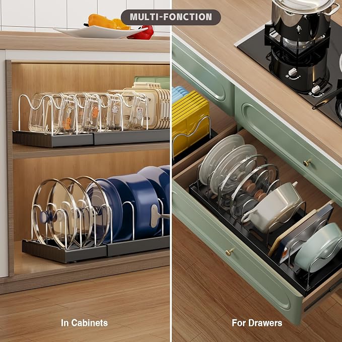 Magheo Expandable Food Storage Container Lid Organizers, 22" Pots and Pans Organizer Under Cabinet with 9 Adjustable Dividers Pot and Pan Lid Holders Rack Inside Cabinet(Black,1 Pack)