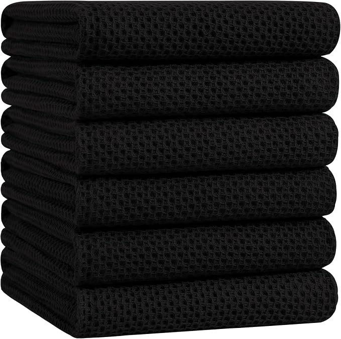 Homaxy 100% Cotton Oversized Waffle Weave Kitchen Towels 6-Pack, Black | 20 x 28 Inches, Ultra Soft Absorbent Dish Towels, Quick Drying Large Cleaning Towels
