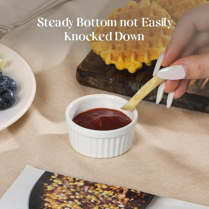 DOWAN Dipping Bowls 1.5 oz, Sauce Cups Mini Ramekins, Tiny Ramekin Porcelain Souffle Dish, Dessert Cups Small Bowls Condiment Cups for Charcuterie Board, Microwave & Oven Safe, Set of 6, Soft White
