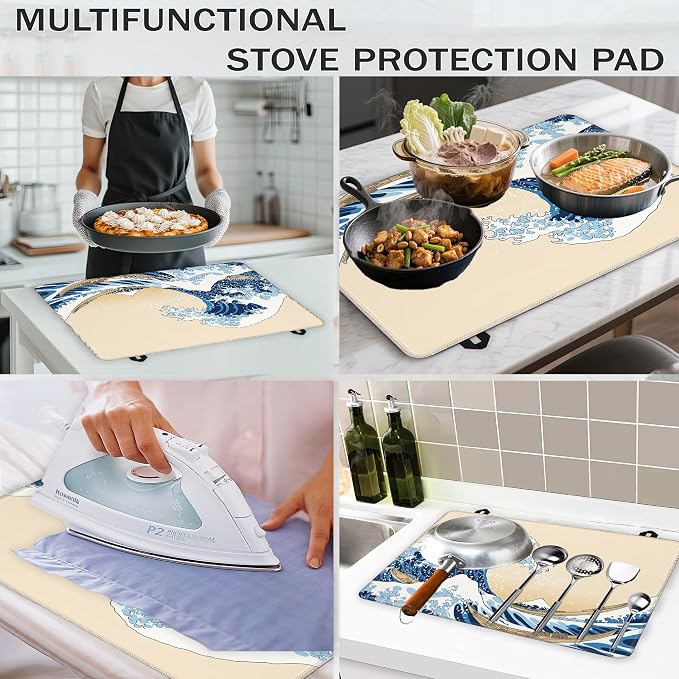 Japanese Wave Glass Top Stove Cover Protector,Vintage Stove Top Covers for Electric Stove,Washable Heat Resistant Cooktop Mat Anti-Slip Range Covers, 28 x 20 Inch