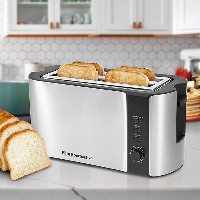 Elite Gourmet ECT-3100 4-Slice Long Slot Toaster, Stainless Steel | Extra-Wide Slots Fit Bagels, Sourdough & Texas Toast, 6 Browning Settings, Reheat, Defrost & Cancel, Built-In Warming Rack
