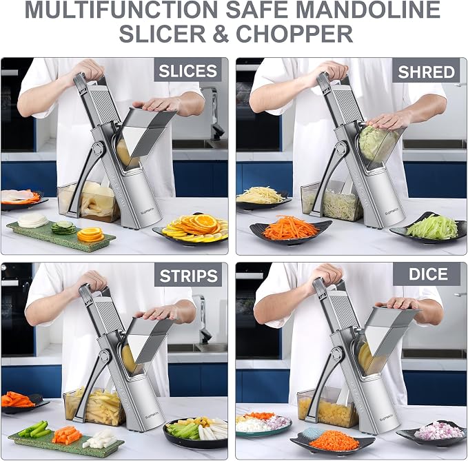 SupMaKin Safe Mandoline Slicer Plus for Kitchen, Vegetable Slicer & Chopper | Slicers Strips Julienne Dicer, Adjustable Thickness 0.1-8 mm Kitchen Chopping Artifact Fast Meal Prep Large Chute Easy Clean