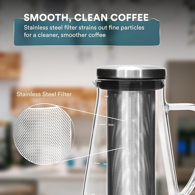 OVALWARE Airtight Cold Brew Coffee Maker with Tea Infuser & Spout 1.0L/34oz | Borosilicate Cold Brew Coffee & Iced Tea Maker with Removable Strainer & Spout | Ideal for Home Baristas & Tea Enthusiasts
