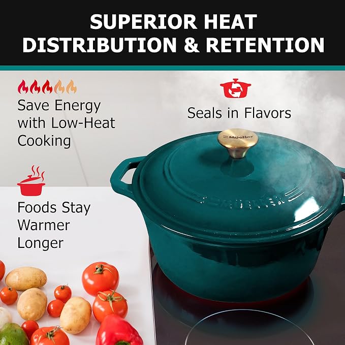 Mueller DuraCast 6 Quart Enameled Cast Iron Dutch Oven Pot with Lid | Sourdough Bread Baking, PFOA-Free, 500°F Oven Safe - All Cooktops incl. Induction, Braising & Slow Cooking, Emerald